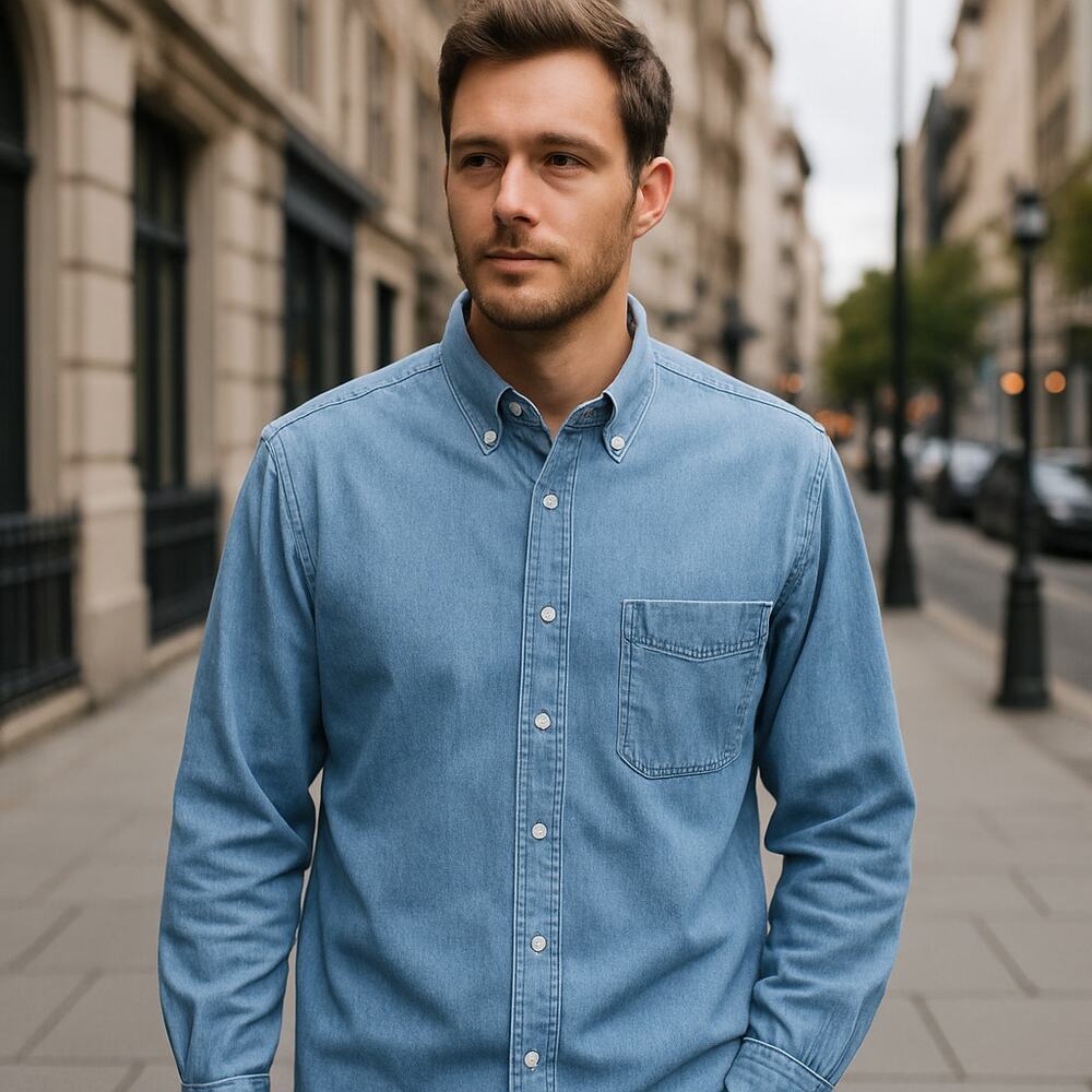 Vintage Eddie Bauer Denim Shirt Mens L 100% Cotton Blue Button Down